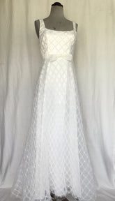 Vintage-Inspired White Gown with Crisscross Mesh Overlay & Bow Waist – Elegant Bridal or Formal Dress